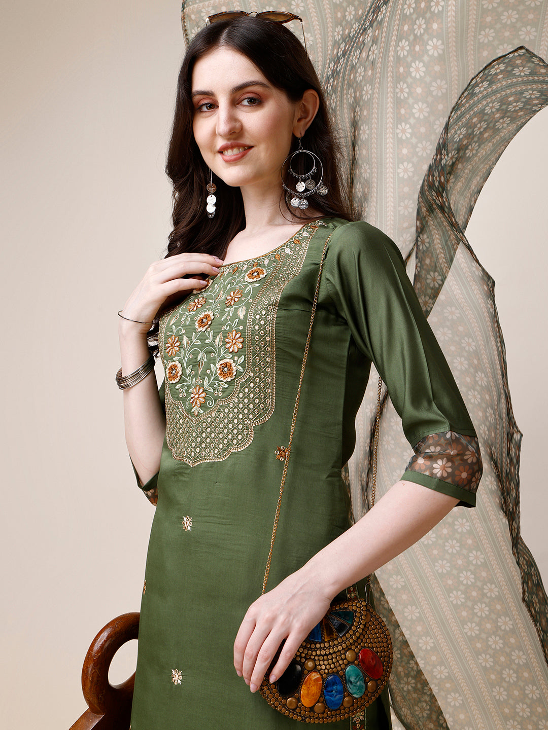 Embroidered Kurta With Pant And Printed Dupatta Set, Multicolor - Hiral Fashion | Grocsy