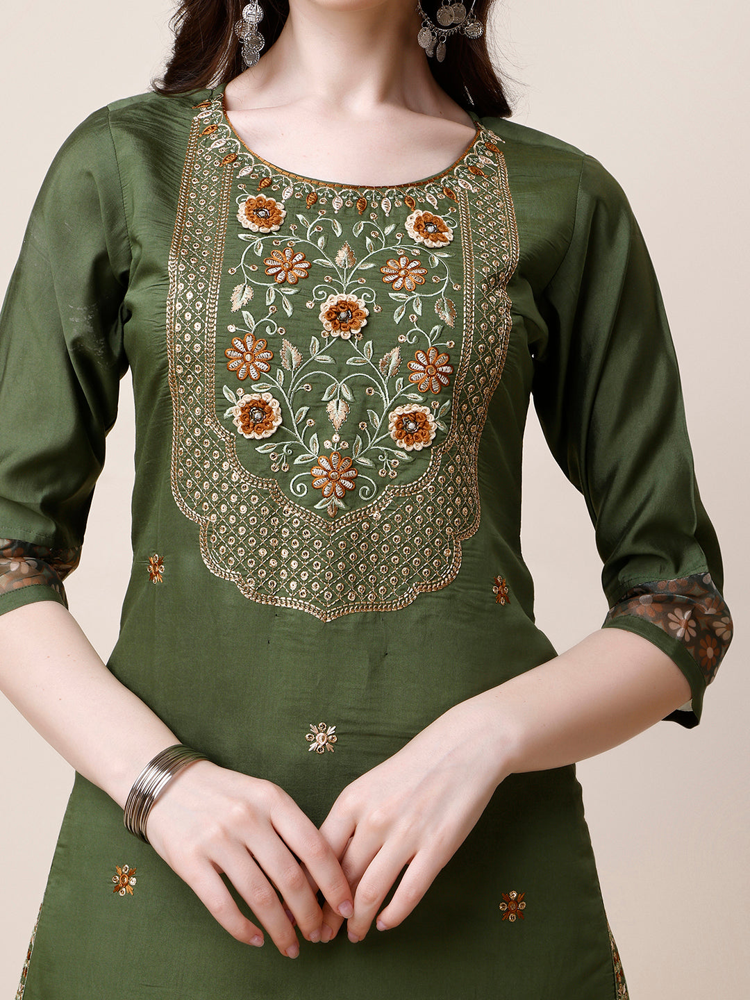 Embroidered Kurta With Pant And Printed Dupatta Set, Multicolor - Hiral Fashion | Grocsy