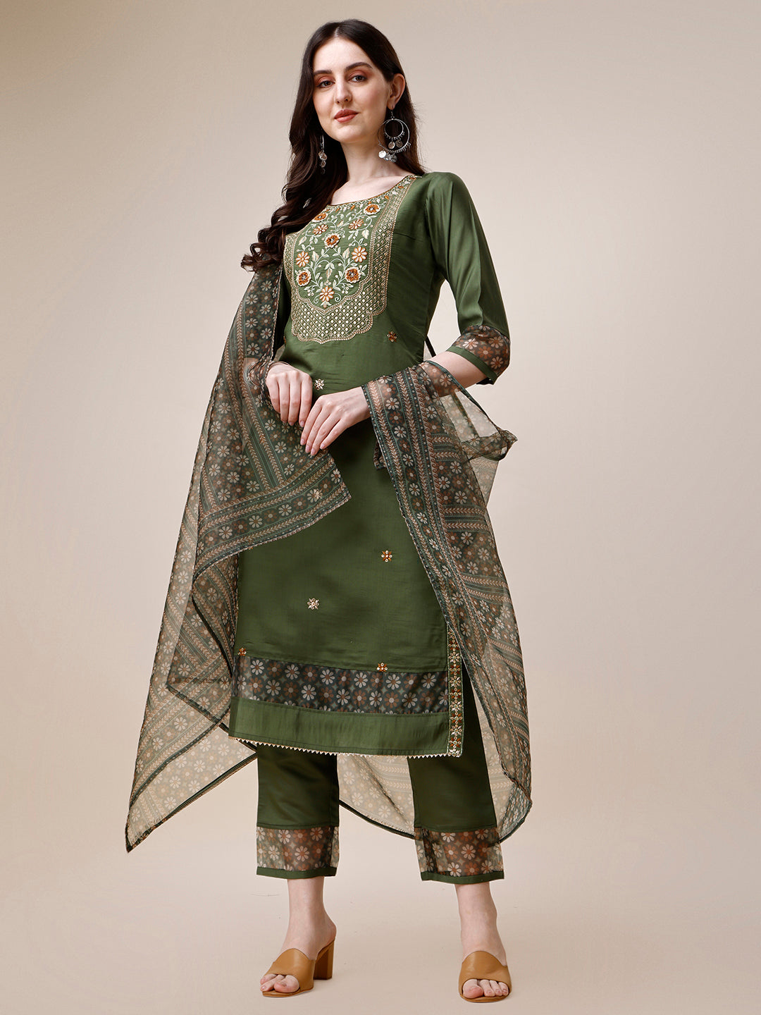 Embroidered Kurta With Pant And Printed Dupatta Set, Multicolor - Hiral Fashion | Grocsy