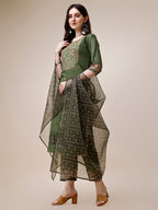 Embroidered Kurta With Pant And Printed Dupatta Set, Multicolor - Hiral Fashion | Grocsy
