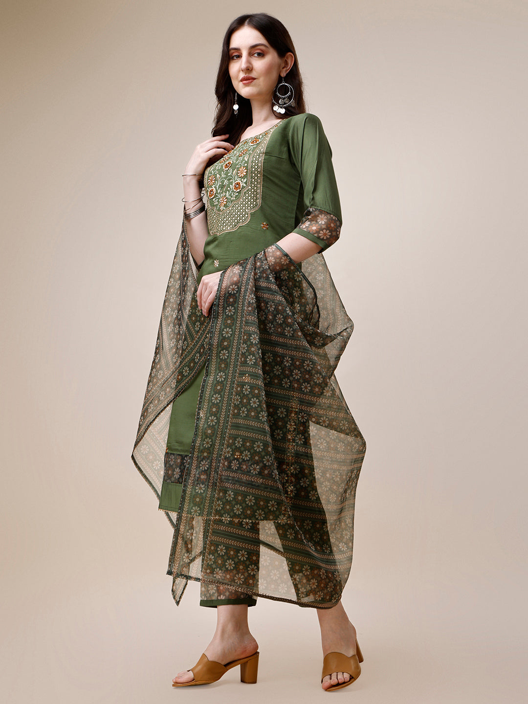 Embroidered Kurta With Pant And Printed Dupatta Set, Multicolor - Hiral Fashion | Grocsy
