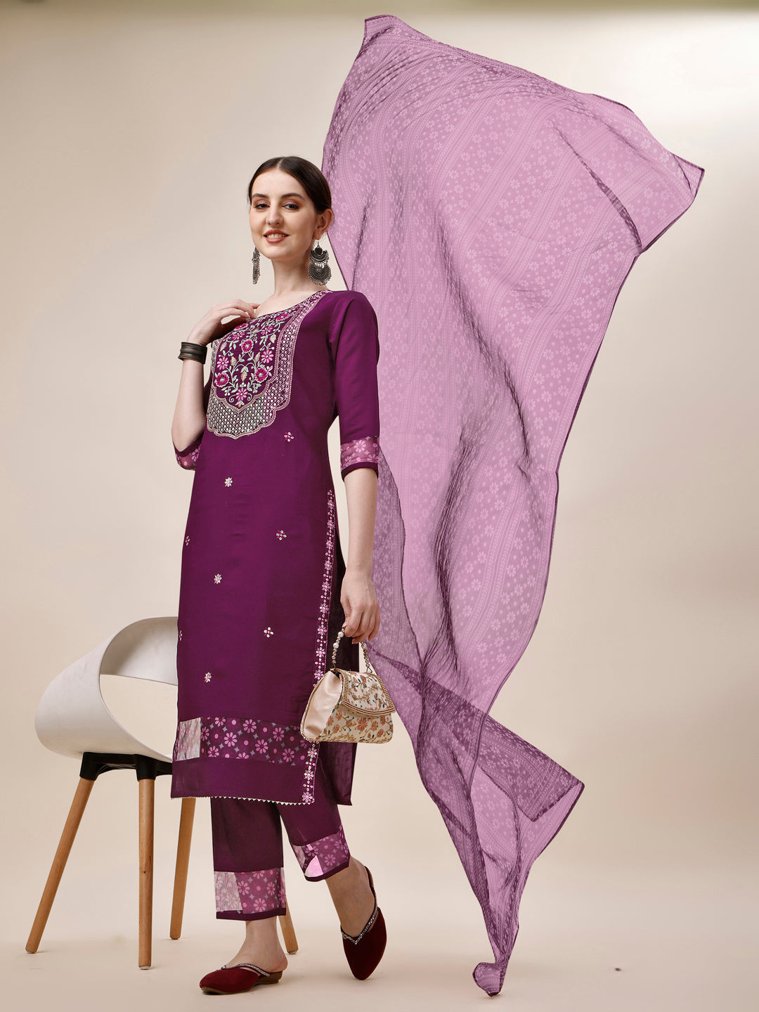 Embroidered Kurta With Pant And Printed Dupatta Set, Multicolor - Hiral Fashion | Grocsy