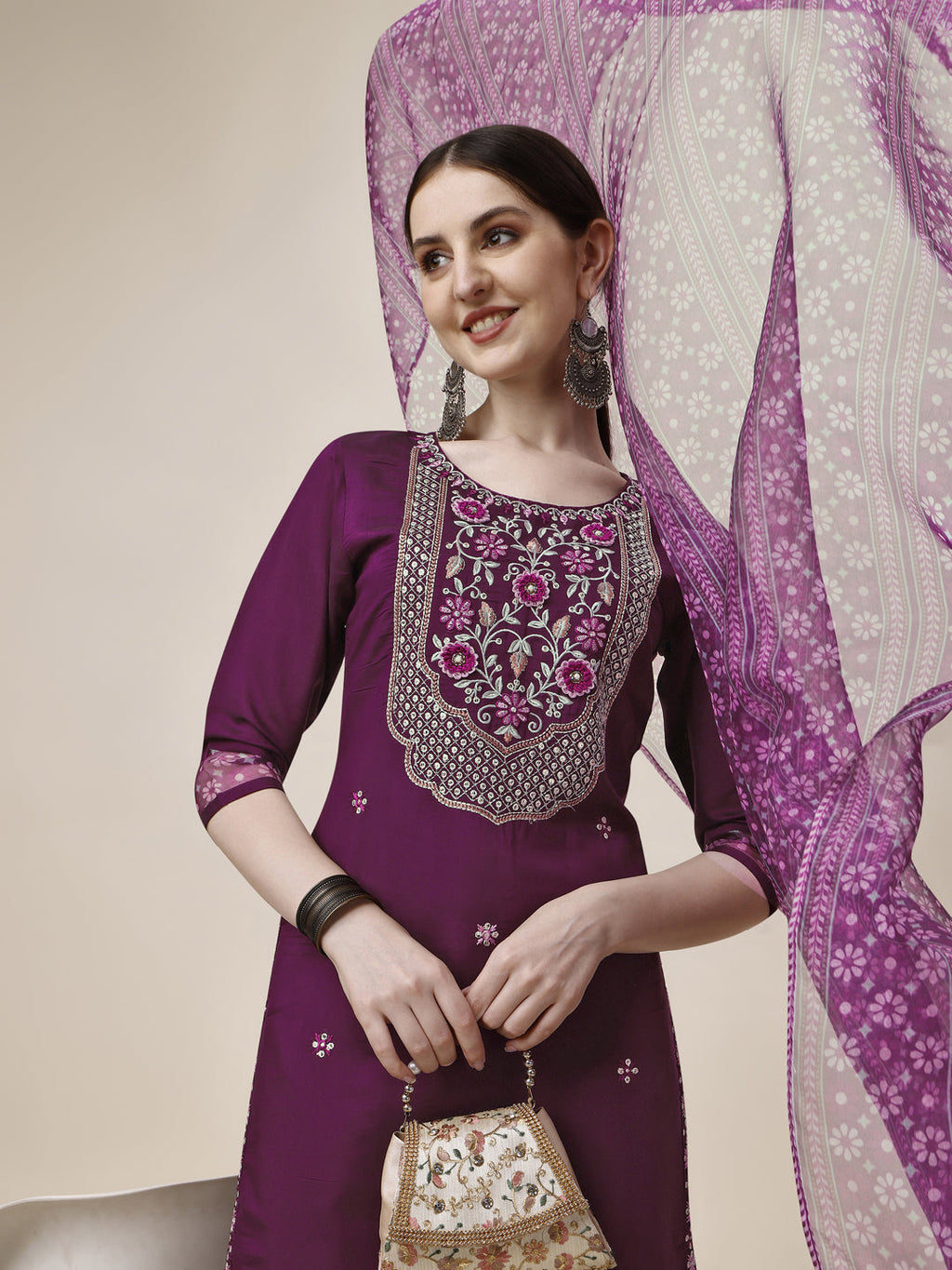Embroidered Kurta With Pant And Printed Dupatta Set, Multicolor - Hiral Fashion | Grocsy