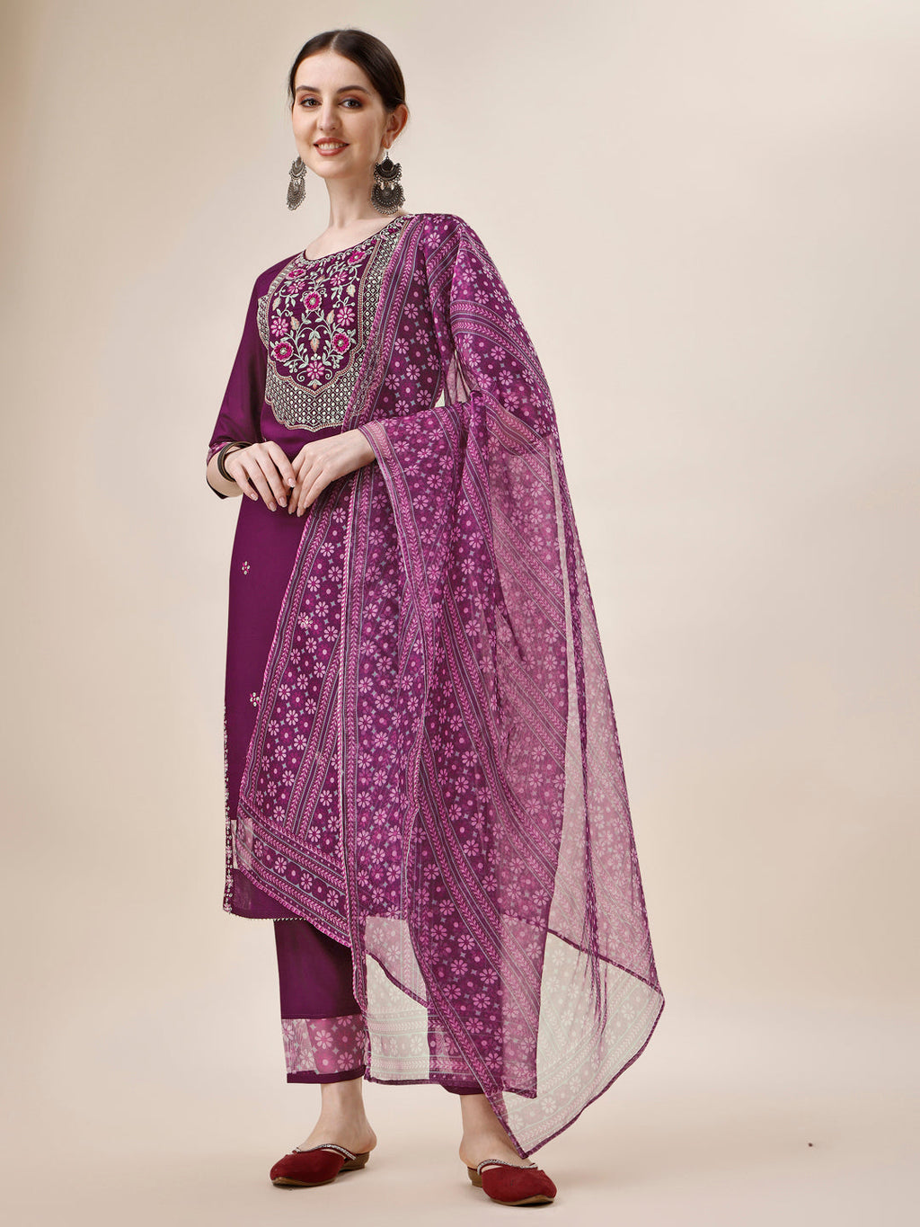 Embroidered Kurta With Pant And Printed Dupatta Set, Multicolor - Hiral Fashion | Grocsy