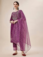 Embroidered Kurta With Pant And Printed Dupatta Set, Multicolor - Hiral Fashion | Grocsy