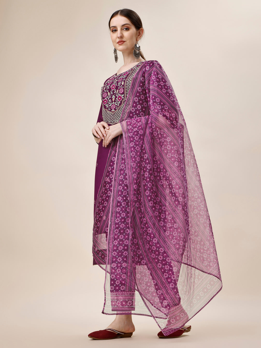 Embroidered Kurta With Pant And Printed Dupatta Set, Multicolor - Hiral Fashion | Grocsy