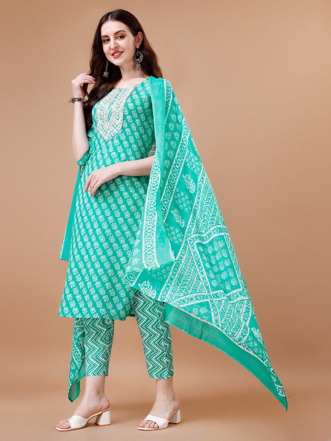 Embroidered & Floral Printed Kurta With Pant & Dupatta, Multicolor - Hiral Fashion | Grocsy