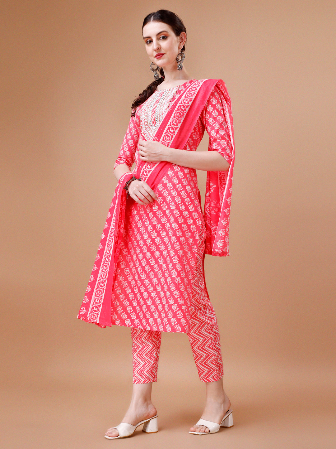 Embroidered & Floral Printed Kurta With Pant & Dupatta, Multicolor - Hiral Fashion | Grocsy