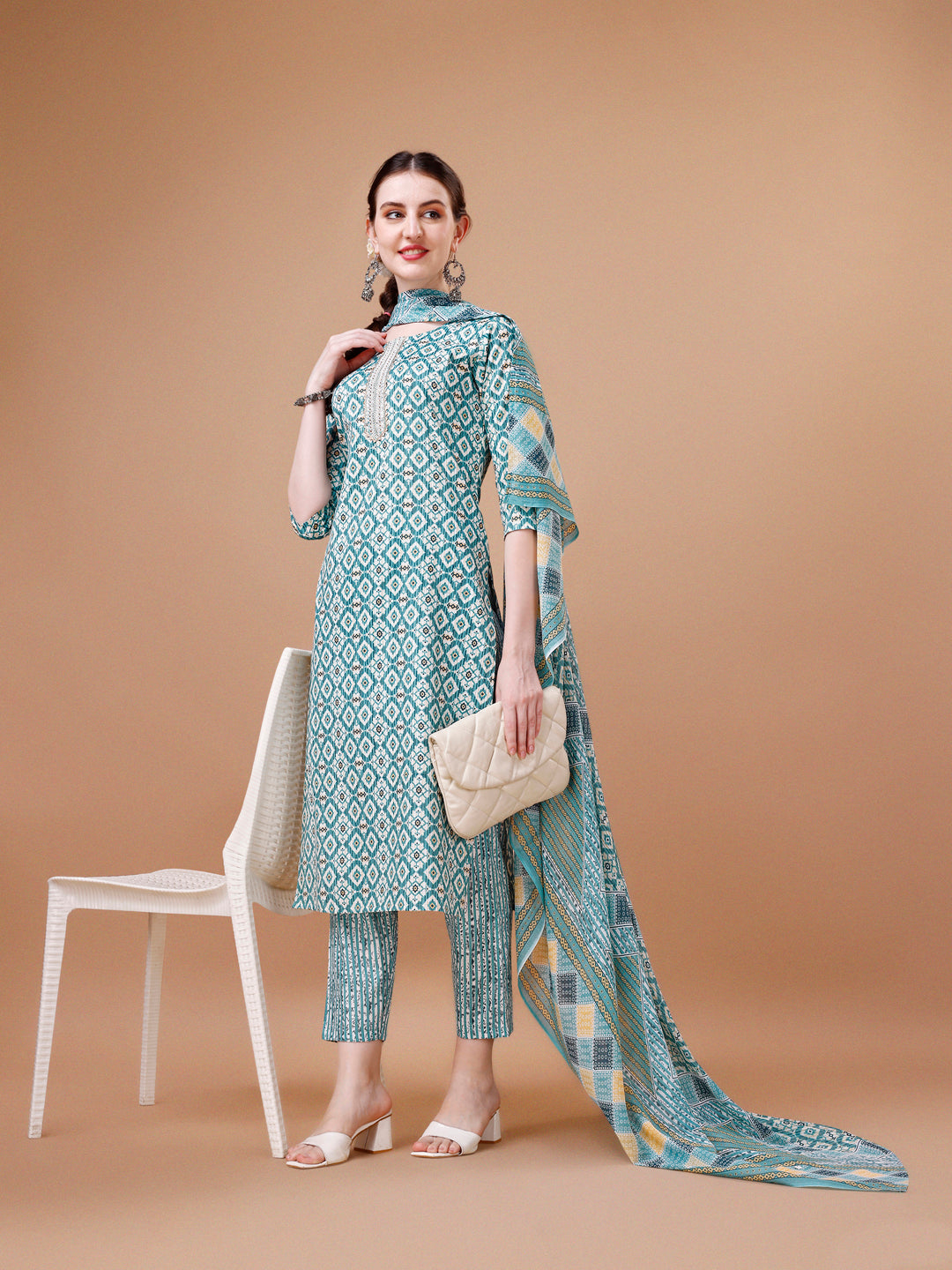 Printed & Lace Yoke Embroidered Kurta With Pant & Dupatta, Multicolor - Hiral Fashion | Grocsy