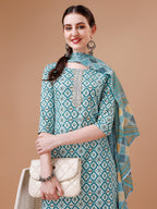 Printed & Lace Yoke Embroidered Kurta With Pant & Dupatta, Multicolor - Hiral Fashion | Grocsy
