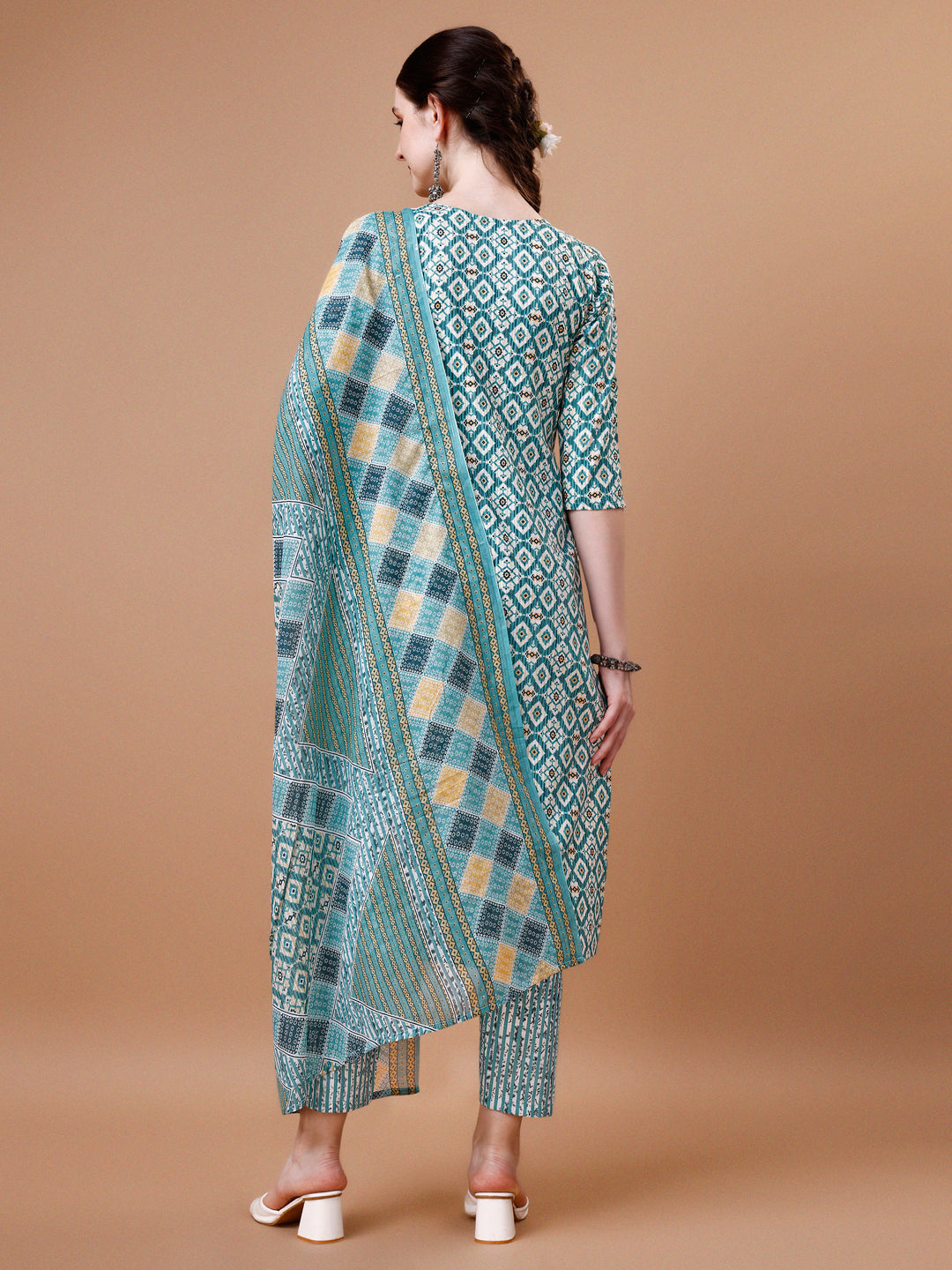 Printed & Lace Yoke Embroidered Kurta With Pant & Dupatta, Multicolor - Hiral Fashion | Grocsy