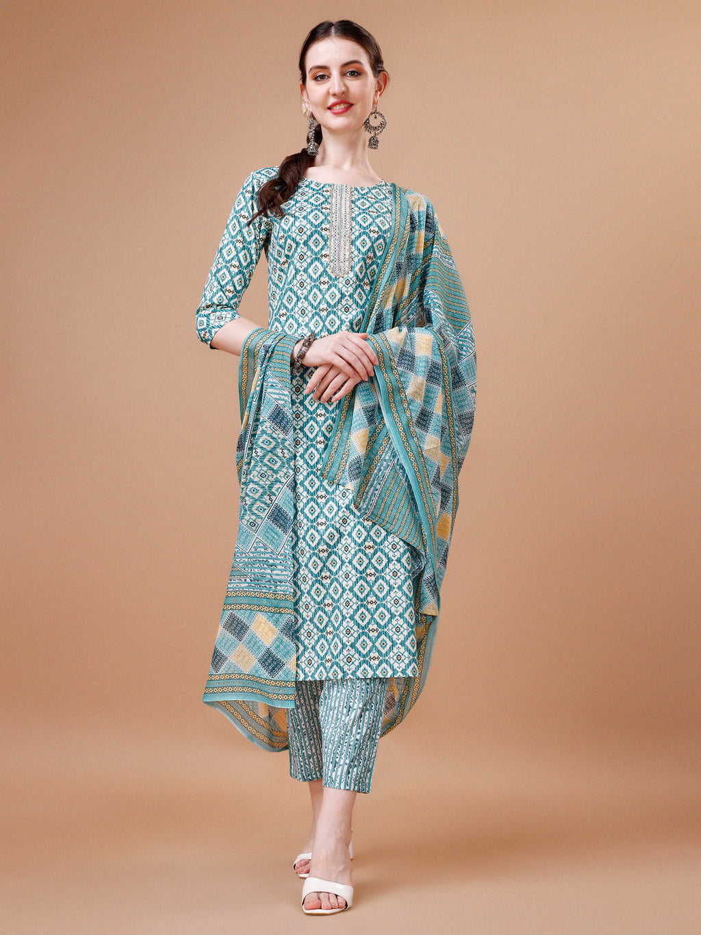 Printed & Lace Yoke Embroidered Kurta With Pant & Dupatta, Multicolor - Hiral Fashion | Grocsy