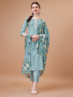Printed & Lace Yoke Embroidered Kurta With Pant & Dupatta, Multicolor - Hiral Fashion | Grocsy