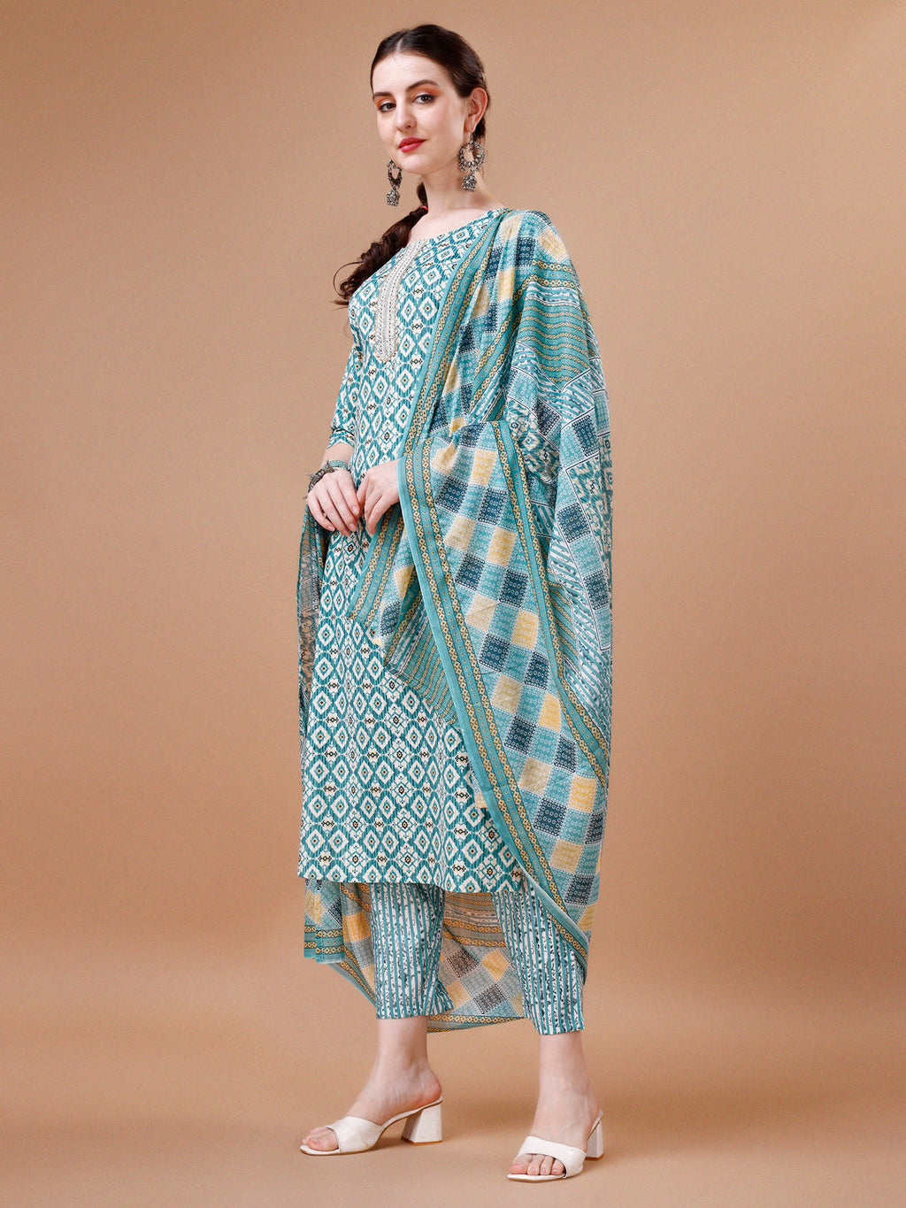 Printed & Lace Yoke Embroidered Kurta With Pant & Dupatta, Multicolor - Hiral Fashion | Grocsy