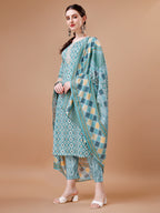 Printed & Lace Yoke Embroidered Kurta With Pant & Dupatta, Multicolor - Hiral Fashion | Grocsy