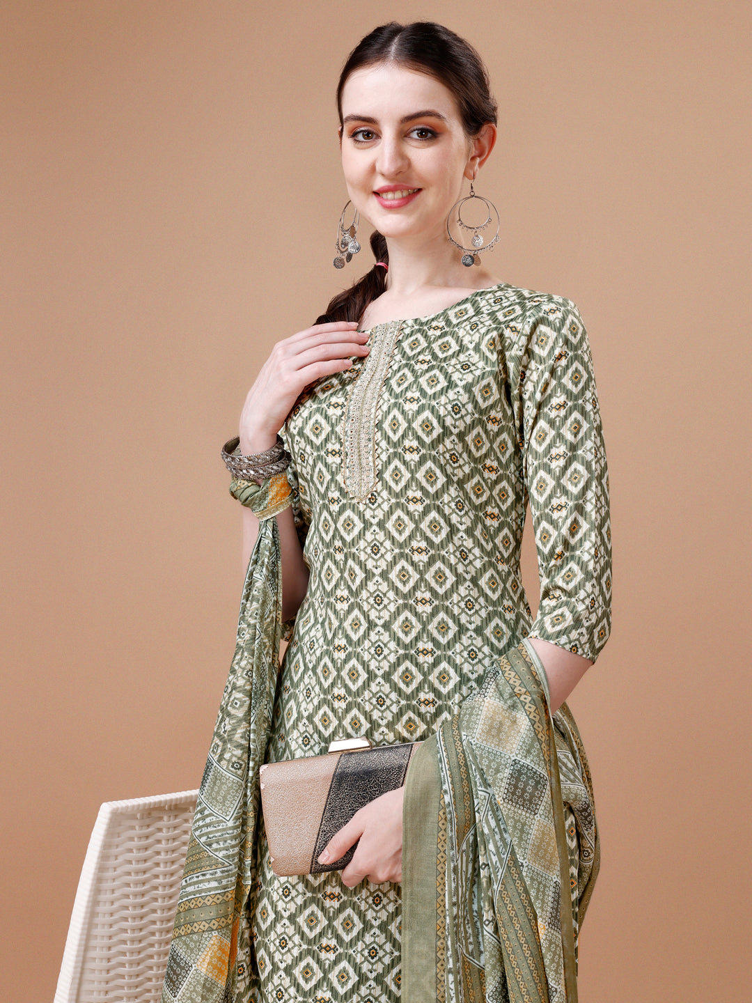 Printed & Lace Yoke Embroidered Kurta With Pant & Dupatta, Multicolor - Hiral Fashion | Grocsy