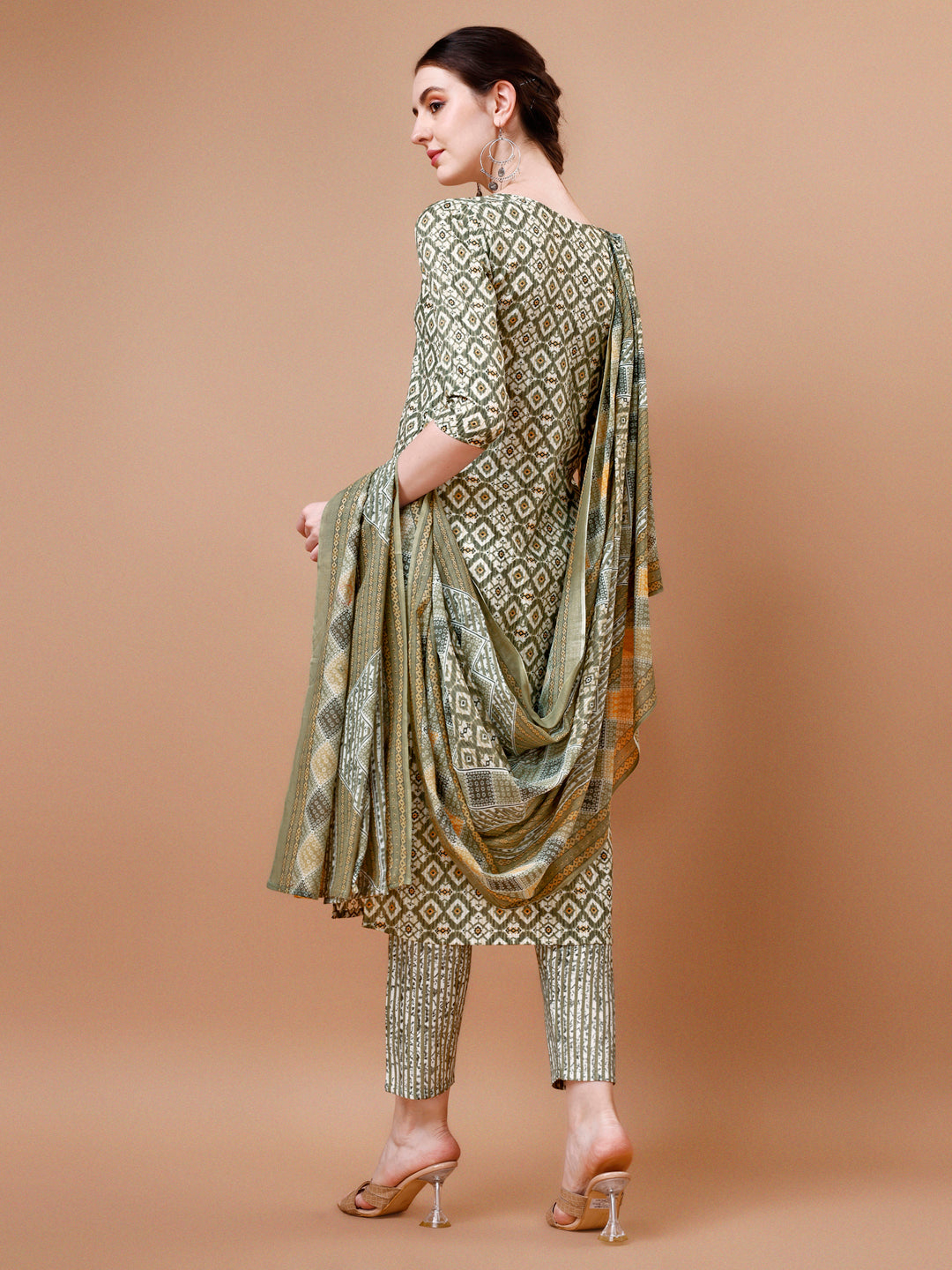 Printed & Lace Yoke Embroidered Kurta With Pant & Dupatta, Multicolor - Hiral Fashion | Grocsy