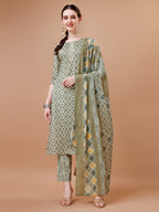 Printed & Lace Yoke Embroidered Kurta With Pant & Dupatta, Multicolor - Hiral Fashion | Grocsy