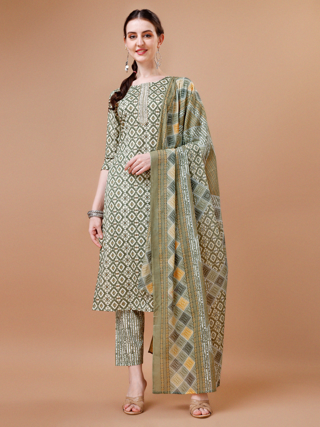 Printed & Lace Yoke Embroidered Kurta With Pant & Dupatta, Multicolor - Hiral Fashion | Grocsy