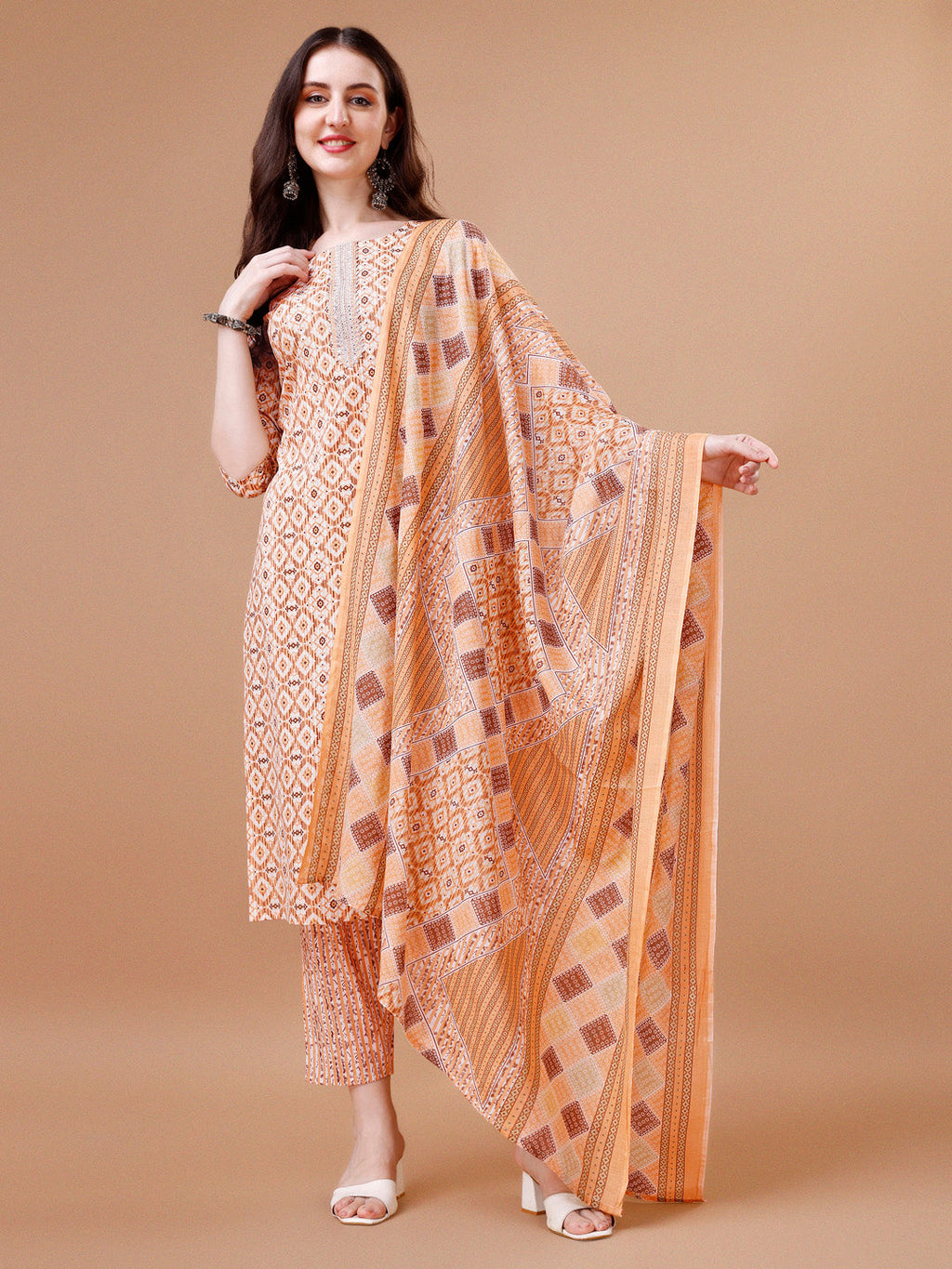 Printed & Lace Yoke Embroidered Kurta With Pant & Dupatta, Multicolor - Hiral Fashion | Grocsy