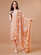 Printed & Lace Yoke Embroidered Kurta With Pant & Dupatta, Multicolor - Hiral Fashion | Grocsy