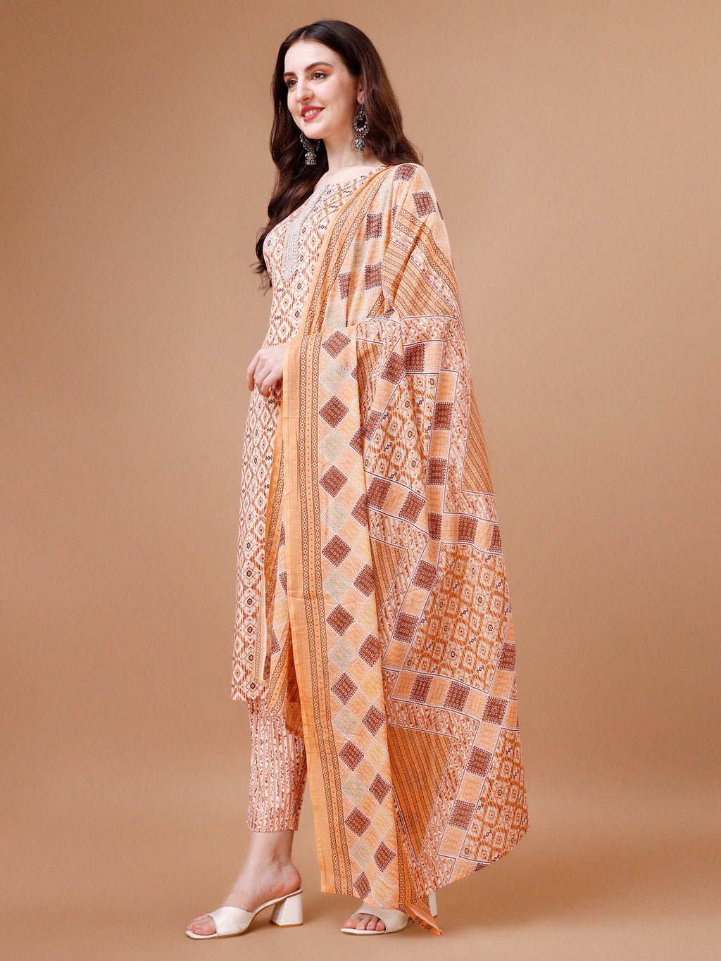 Printed & Lace Yoke Embroidered Kurta With Pant & Dupatta, Multicolor - Hiral Fashion | Grocsy