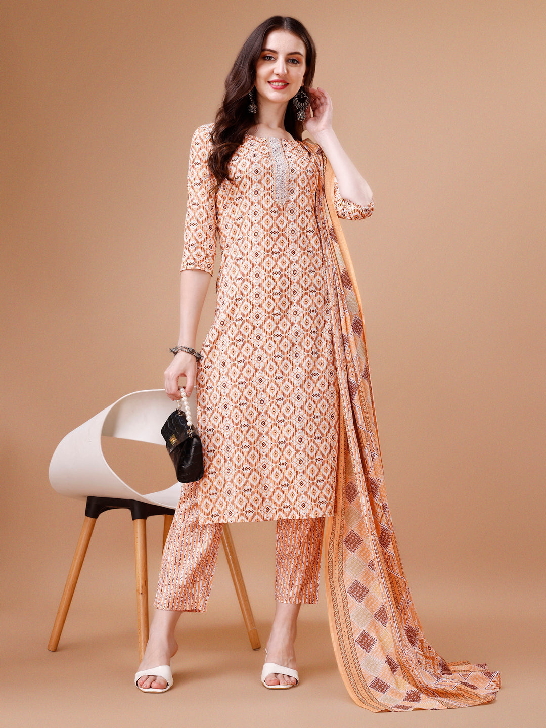 Printed & Lace Yoke Embroidered Kurta With Pant & Dupatta, Multicolor - Hiral Fashion | Grocsy