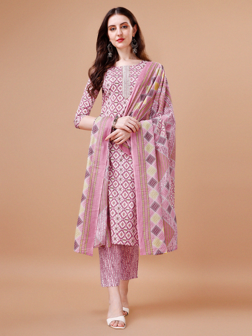 Printed & Lace Yoke Embroidered Kurta With Pant & Dupatta, Multicolor - Hiral Fashion | Grocsy