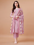 Printed & Lace Yoke Embroidered Kurta With Pant & Dupatta, Multicolor - Hiral Fashion | Grocsy