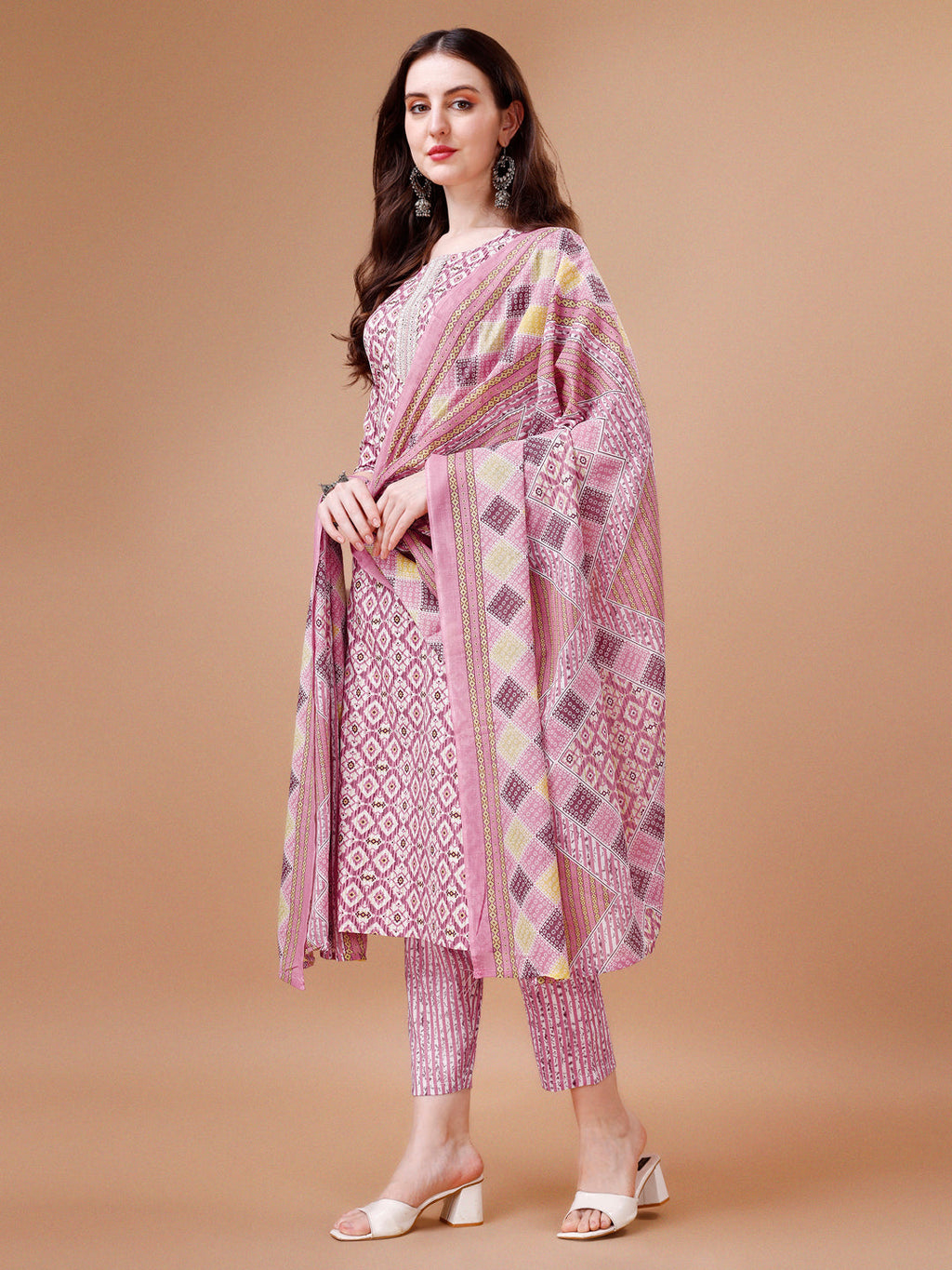 Printed & Lace Yoke Embroidered Kurta With Pant & Dupatta, Multicolor - Hiral Fashion | Grocsy