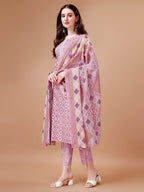 Printed & Lace Yoke Embroidered Kurta With Pant & Dupatta, Multicolor - Hiral Fashion | Grocsy
