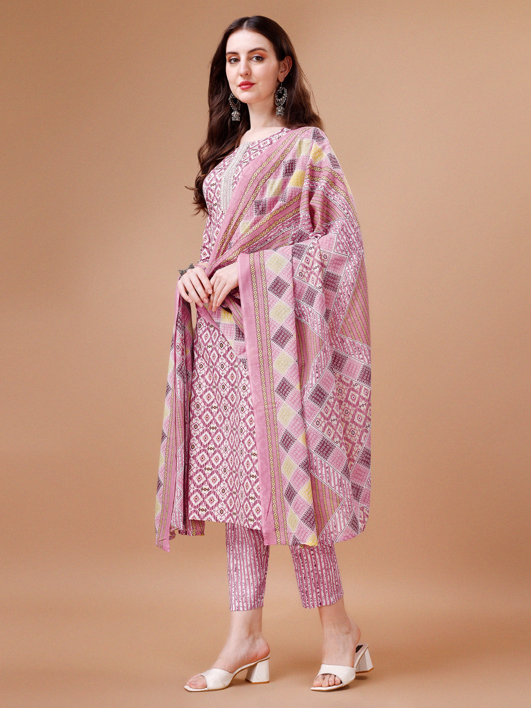 Printed & Lace Yoke Embroidered Kurta With Pant & Dupatta, Multicolor - Hiral Fashion | Grocsy