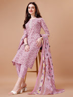 Printed & Lace Yoke Embroidered Kurta With Pant & Dupatta, Multicolor - Hiral Fashion | Grocsy