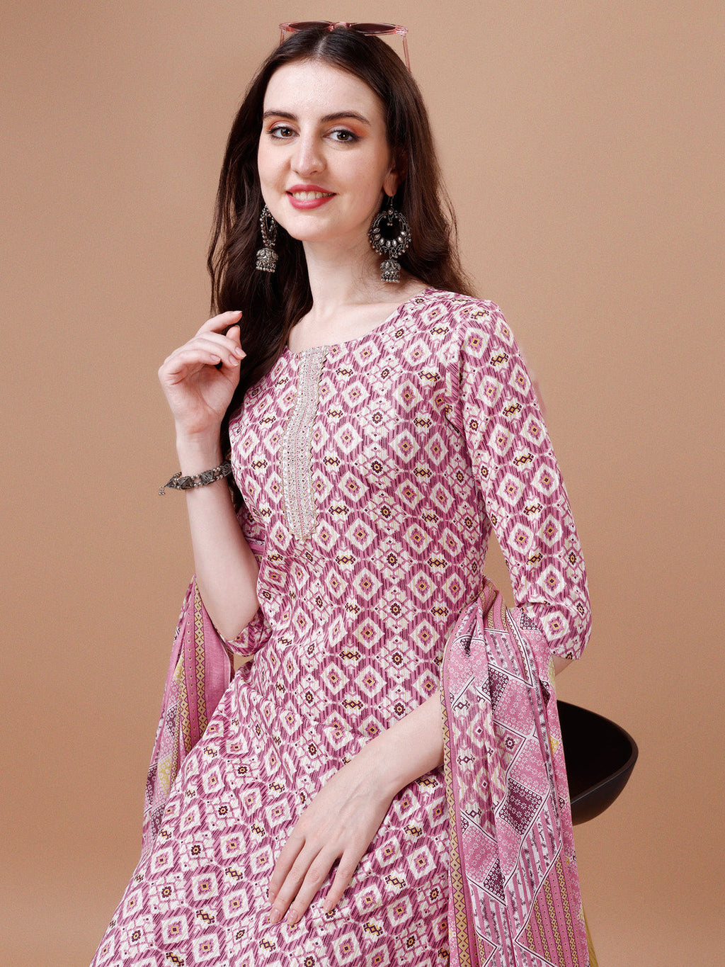 Printed & Lace Yoke Embroidered Kurta With Pant & Dupatta, Multicolor - Hiral Fashion | Grocsy