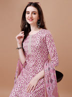 Printed & Lace Yoke Embroidered Kurta With Pant & Dupatta, Multicolor - Hiral Fashion | Grocsy