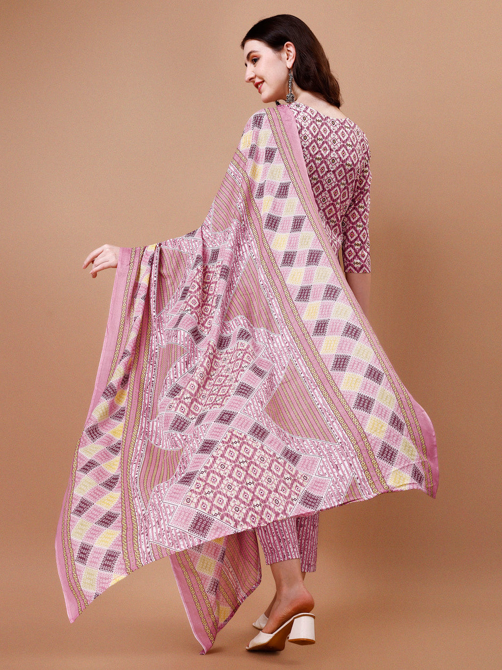 Printed & Lace Yoke Embroidered Kurta With Pant & Dupatta, Multicolor - Hiral Fashion | Grocsy