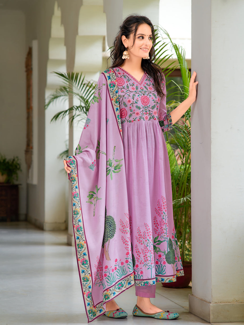 Placement Printed & Embroidered Flarded Kurta With Pant & Printed Dupatta, Lavender - Hiral Fashion | Grocsy