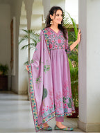 Placement Printed & Embroidered Flarded Kurta With Pant & Printed Dupatta, Lavender - Hiral Fashion | Grocsy
