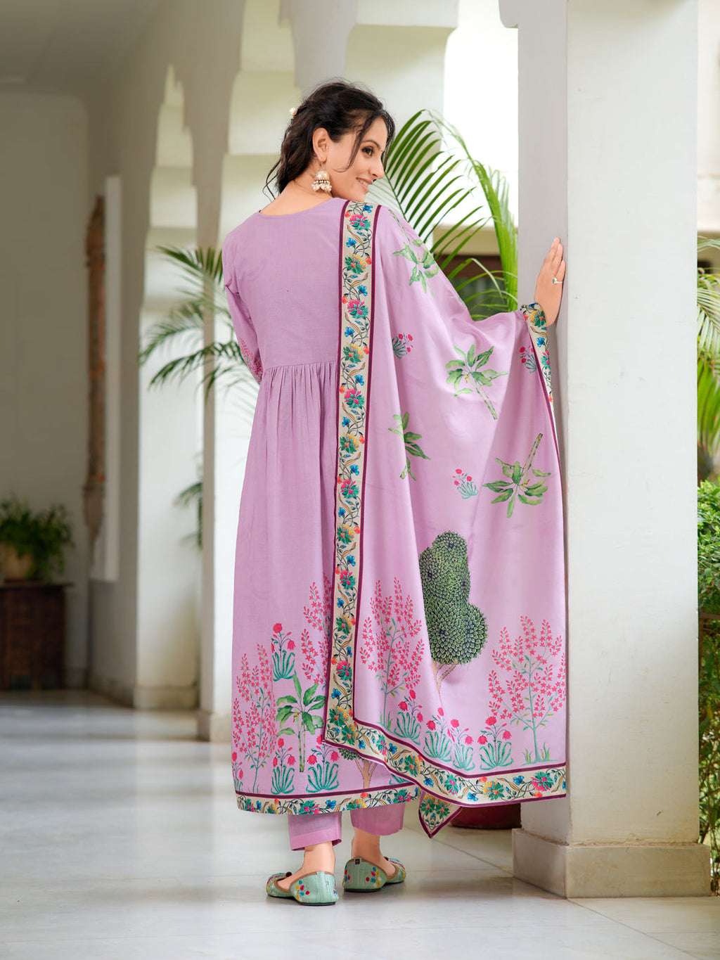Placement Printed & Embroidered Flarded Kurta With Pant & Printed Dupatta, Lavender - Hiral Fashion | Grocsy