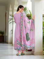 Placement Printed & Embroidered Flarded Kurta With Pant & Printed Dupatta, Lavender - Hiral Fashion | Grocsy