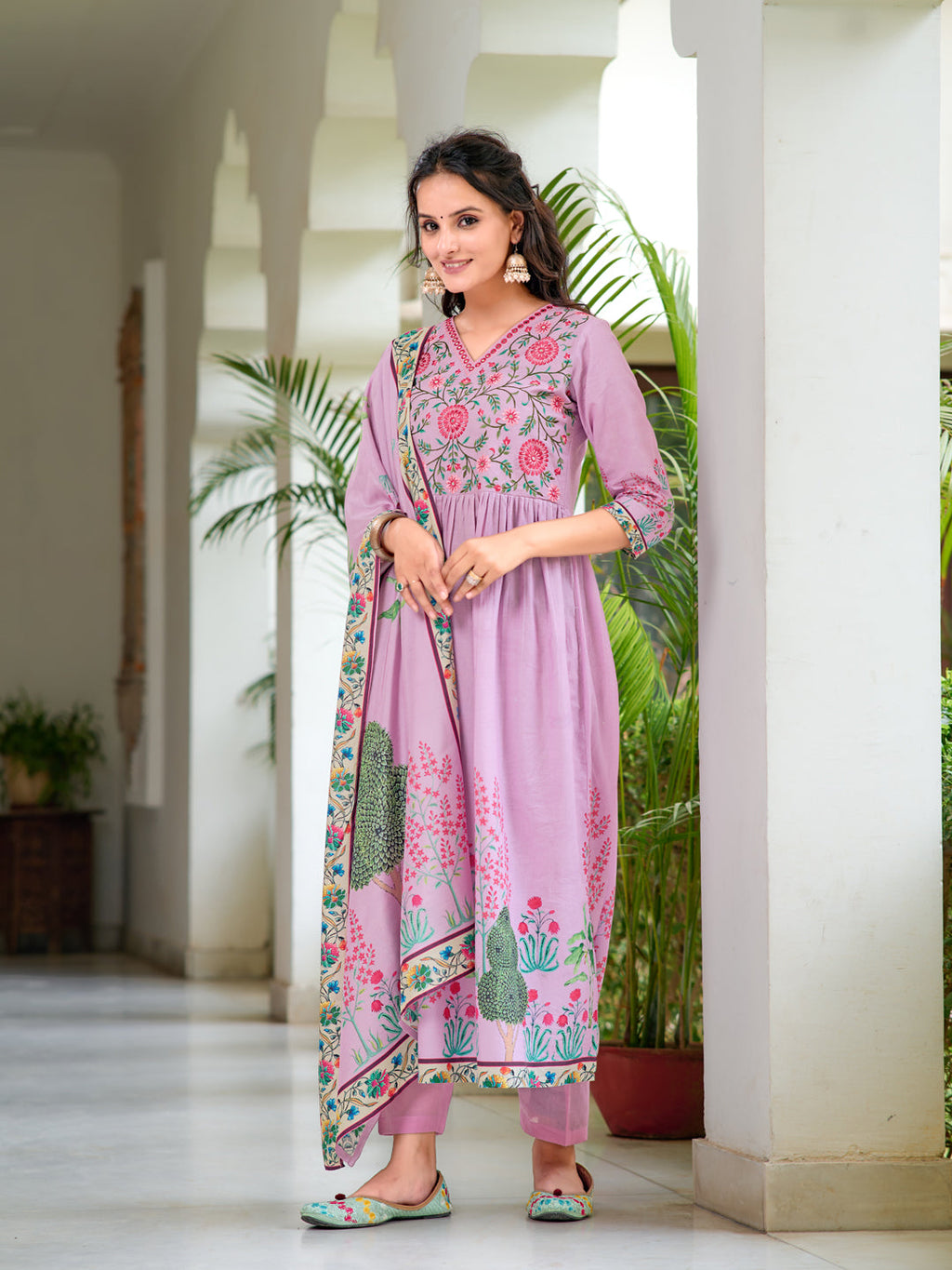 Placement Printed & Embroidered Flarded Kurta With Pant & Printed Dupatta, Lavender - Hiral Fashion | Grocsy