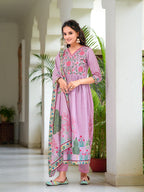 Placement Printed & Embroidered Flarded Kurta With Pant & Printed Dupatta, Lavender - Hiral Fashion | Grocsy