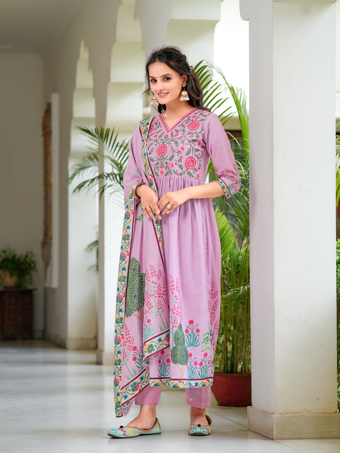Placement Printed & Embroidered Flarded Kurta With Pant & Printed Dupatta, Lavender - Hiral Fashion | Grocsy