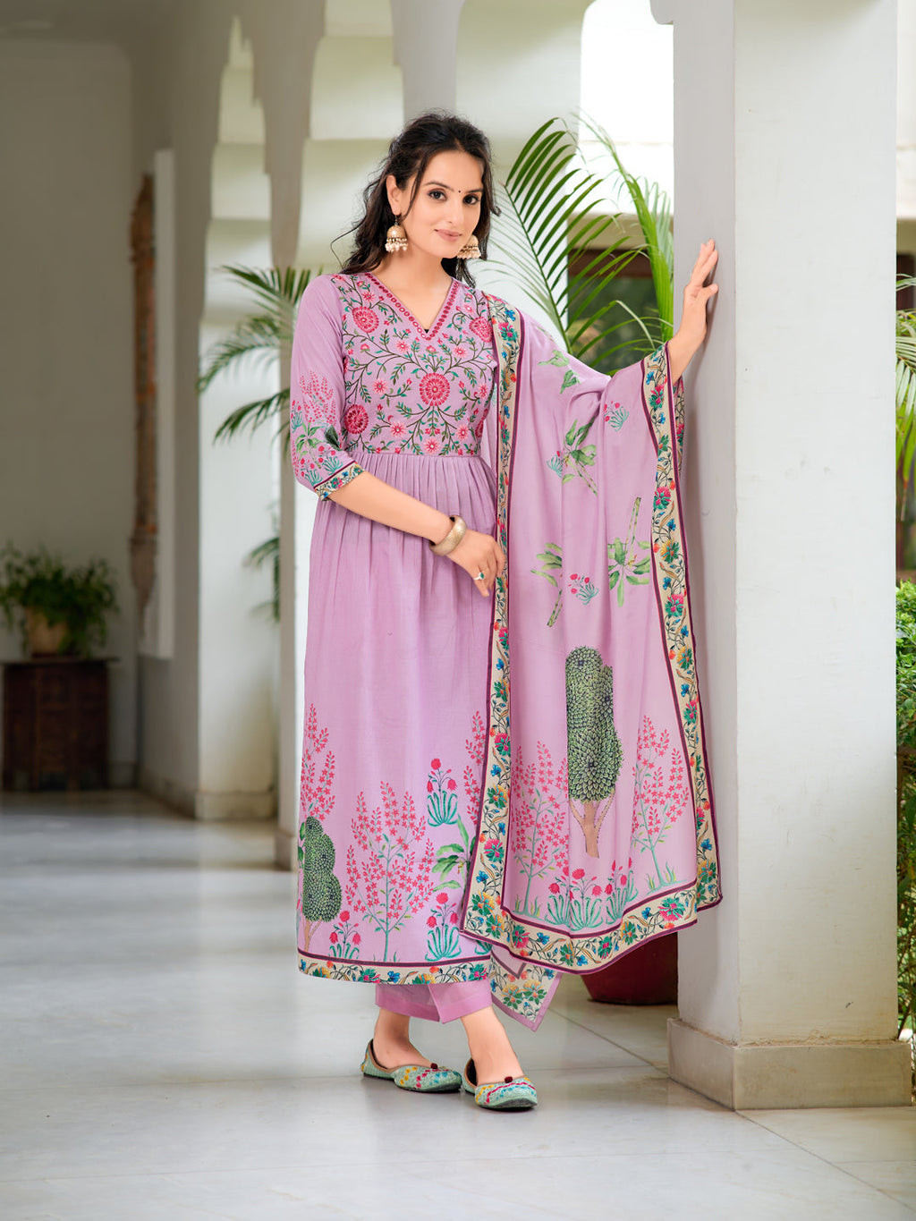 Placement Printed & Embroidered Flarded Kurta With Pant & Printed Dupatta, Lavender - Hiral Fashion | Grocsy