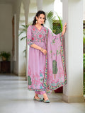 Placement Printed & Embroidered Flarded Kurta With Pant & Printed Dupatta, Lavender - Hiral Fashion | Grocsy