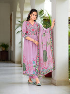 Placement Printed & Embroidered Flarded Kurta With Pant & Printed Dupatta, Lavender - Hiral Fashion | Grocsy