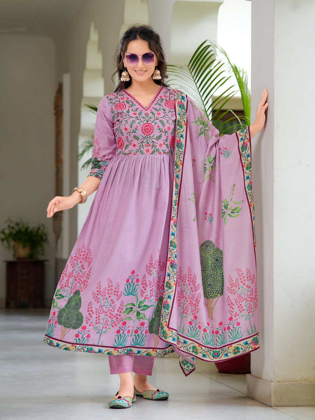 Placement Printed & Embroidered Flarded Kurta With Pant & Printed Dupatta, Lavender - Hiral Fashion | Grocsy
