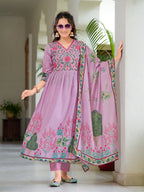 Placement Printed & Embroidered Flarded Kurta With Pant & Printed Dupatta, Lavender - Hiral Fashion | Grocsy
