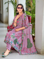 Placement Printed & Embroidered Flarded Kurta With Pant & Printed Dupatta, Lavender - Hiral Fashion | Grocsy