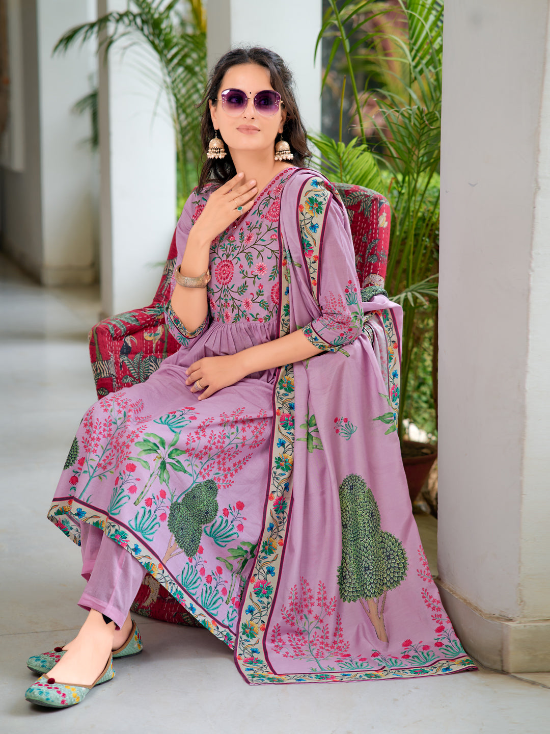 Placement Printed & Embroidered Flarded Kurta With Pant & Printed Dupatta, Lavender - Hiral Fashion | Grocsy